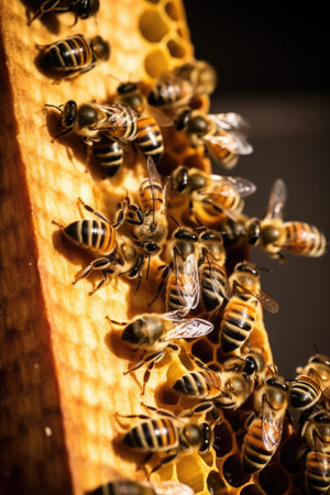 Close up of multiple bees on honeycomb on black background created using generative ai technology. Nature, animals and insects concept digitally generated image.の素材