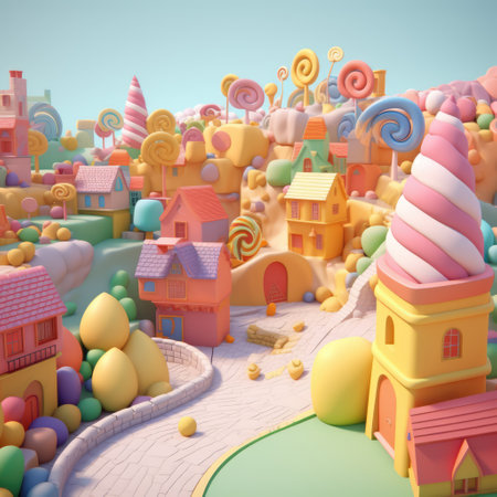General view of colourful candyland in pastel colours, created using generative ai technology. Candyland, fairytale, colours and background concept digitally generated image.の素材