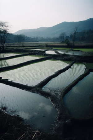 General view of rice fields, created using generative ai technology. Rice field, farming and landscape concept digitally generated image.の素材
