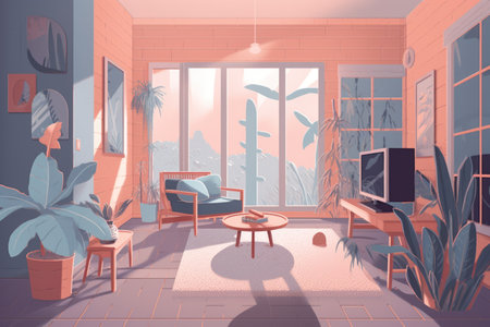 General view of living room in pastel colours, created using generative ai technology. Interior design and home decor concept digitally generated image.の素材