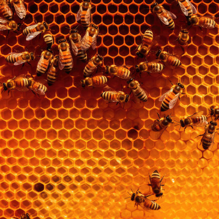 Close up of multiple bees on honeycomb created using generative ai technology. Nature, animals and insects concept digitally generated image.の素材