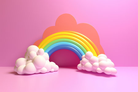 Colorful rainbow with white clouds on pink background created using generative ai technology. Rainbow and colours concept digitally generated image.の素材