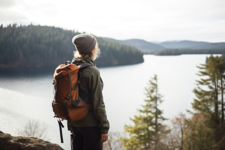 Caucasian female hiker looking at lake created using generative ai technology. Nature, mountains and hiking concept digitally generated image.の素材