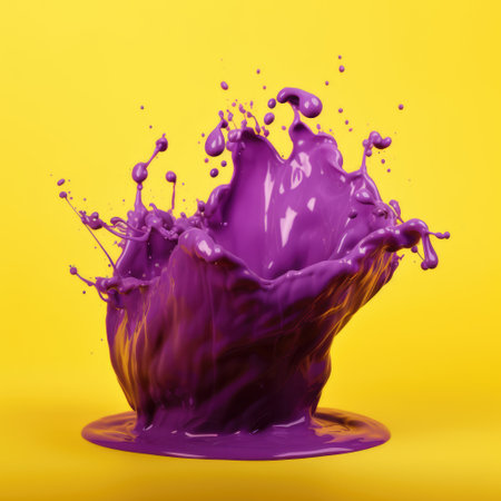 Close up of purple liquid splashing on yellow background created using generative ai technology. Liquid and colour concept digitally generated image.の素材