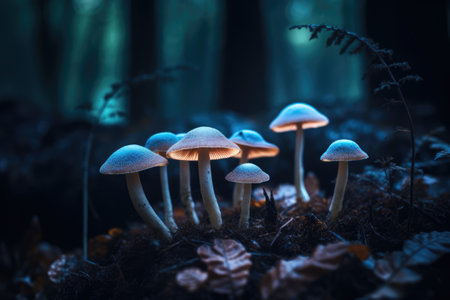 Close up of glowing mushrooms in forest created using generative ai technology. Mushrooms, magic and colours concept digitally generated image.の素材