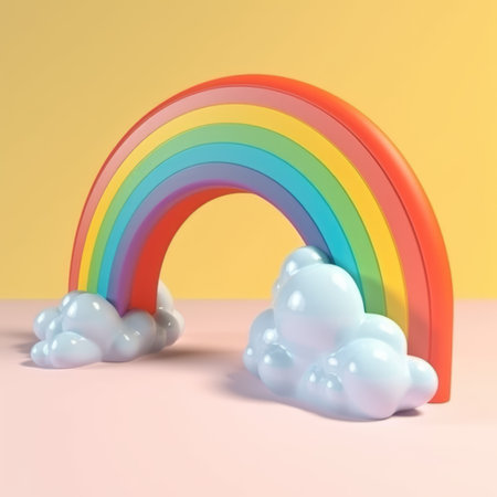 Colorful rainbow with white clouds on yellow background created using generative ai technology. Rainbow and colours concept digitally generated image.の素材