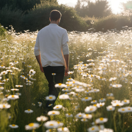 Caucasian man walking in meadow with multiple white daisies created using generative ai technology. Flowers, nature and harmony concept digitally generated image.の素材