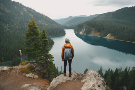 Caucasian hiker standing on rock and looking at lake created using generative ai technology. Nature, mountains and hiking concept digitally generated image.の素材