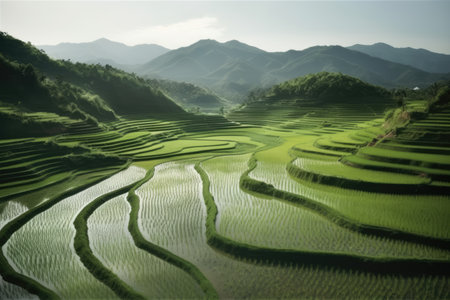 General view of rice fields, created using generative ai technology. Rice fields, farming and nature concept digitally generated image.の素材