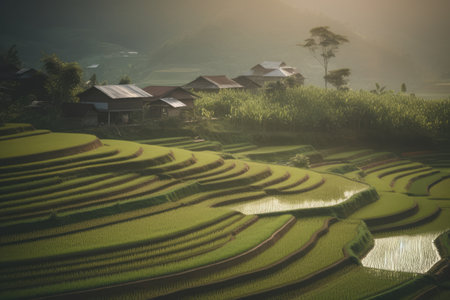 General view of rice fields and farmhouses, created using generative ai technology. Rice fields, farming and nature concept digitally generated image.の素材