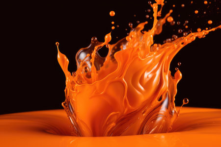 Close up of orange liquid splashing on black background created using generative ai technology. Liquid and colour concept digitally generated image.の素材