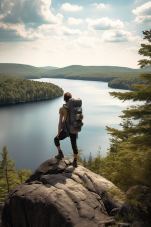 Caucasian female hiker standing on rock and looking at lake created using generative ai technology. Nature, mountains and hiking concept digitally generated image.の素材