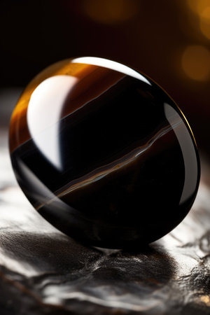 Close up of black and shiny gemstone with pattern created using generative ai technology. Nature, minerals and colours concept digitally generated image.の素材