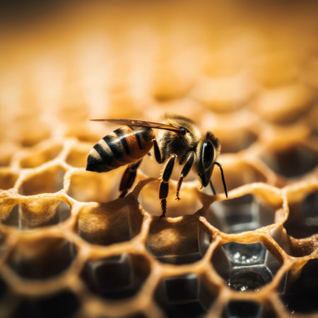 Close up of bee on honeycomb created using generative ai technology. Nature, animals and insects concept digitally generated image.の素材