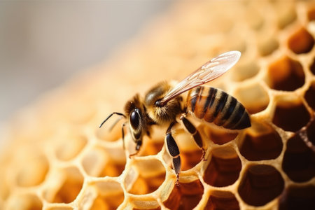 Close up of bee on honeycomb on blurred background created using generative ai technology. Nature, animals and insects concept digitally generated image.の素材