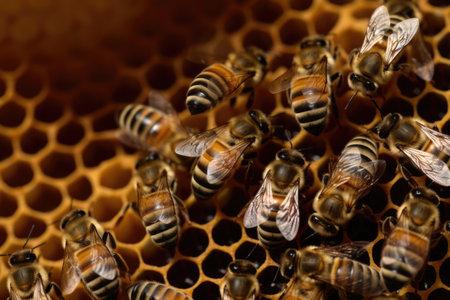 Close up of multiple bees on honeycomb created using generative ai technology. Nature, animals and insects concept digitally generated image.の素材