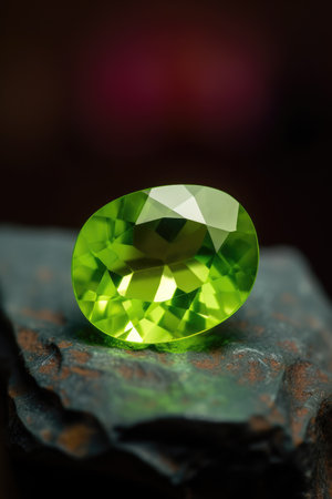 Close up of green and shiny gemstone on black rock created using generative ai technology. Nature, minerals and colours concept digitally generated image.の素材