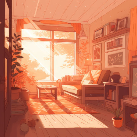 General view of living room in pastel colours, created using generative ai technology. Interior design and home decor concept digitally generated image.の素材