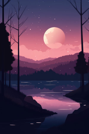 General view of landscape with full moon in pastel colours, created using generative ai technology. Colour and scenic background concept digitally generated image.の素材