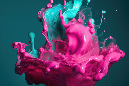 Close up of blue and pink liquid splashing on blue background created using generative ai technology. Liquid and colour concept digitally generated image.の素材