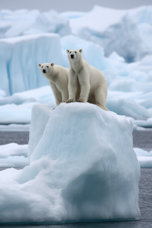 Two polarbears standing on iceberg at sea created using generative ai technology. Nature and animals concept digitally generated image.の素材