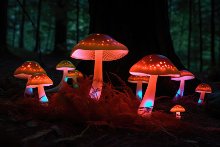 Close up of colorful glowing mushrooms in forest created using generative ai technology. Mushrooms, magic and colours concept digitally generated image.の素材