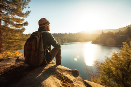 Caucasian male hiker sitting on rock and looking at lake created using generative ai technology. Nature, mountains and hiking concept digitally generated image.の素材
