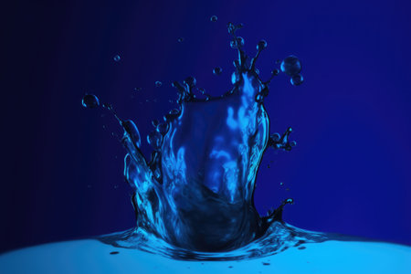 Close up of blue liquid splashing on blue background created using generative ai technology. Liquid and colour concept digitally generated image.の素材