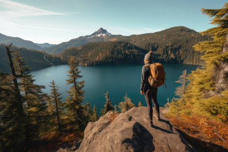 Caucasian female hiker standing on rock and looking at lake created using generative ai technology. Nature, mountains and hiking concept digitally generated image.の素材