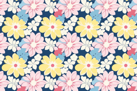 Multi coloured flowers on blue background, created using generative ai technology. Flowers, nature, pattern, colours and background concept digitally generated image.の素材