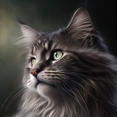 Close up of grey maine coon cat on black background created using generative ai technology. Animals and nature concept digitally generated image.の素材