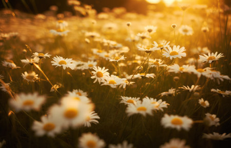 Close up of meadow with multiple white daisies and sunlight created using generative ai technology. Flowers, nature and harmony concept digitally generated image.の素材