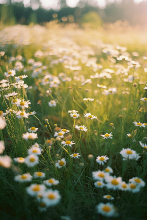 Close up of meadow with multiple white daisies and sunlight created using generative ai technology. Flowers, nature and harmony concept digitally generated image.の素材