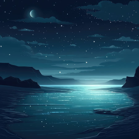 Landscape mountains and sea at night created using generative ai technology. Landscape and nature concept digitally generated image.の素材