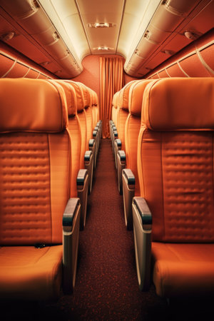 Interior of airplane with empty orange seats, created using generative ai technology. Airplane, travel and transport concept digitally generated image.の素材