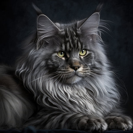 Close up of grey maine coon cat on black background created using generative ai technology. Animals and nature concept digitally generated image.の素材