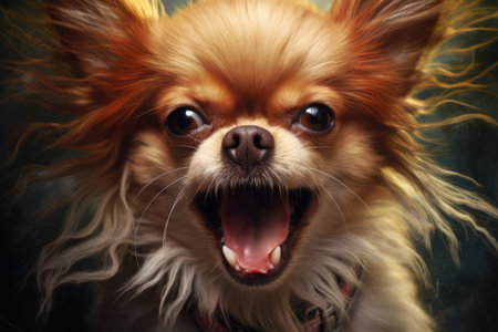 Small chihuahua angry dog with open mouth on black background created using generative ai technology. Animals, pets and nature concept digitally generated image.の素材