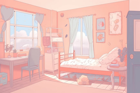 General view of bedroom in pastel colours, created using generative ai technology. Interior design and home decor concept digitally generated image.の素材