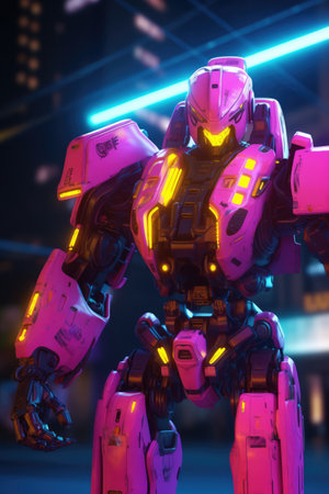 Pink mecha giant robot with lights over cityscape, created using generative ai technology. Mecha, science fiction and machines concept digitally generated image.の素材
