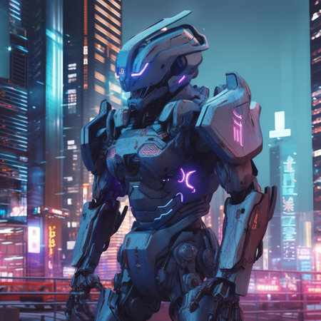 Grey mecha giant robot with lights over cityscape, created using generative ai technology. Mecha, science fiction and machines concept digitally generated image.の素材