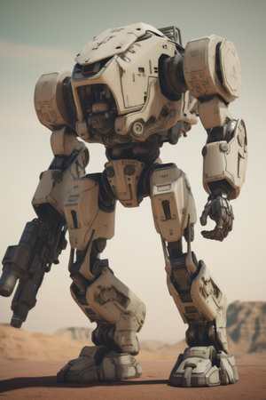 White mecha giant robot over desert, created using generative ai technology. Mecha, science fiction and machines concept digitally generated image.の素材