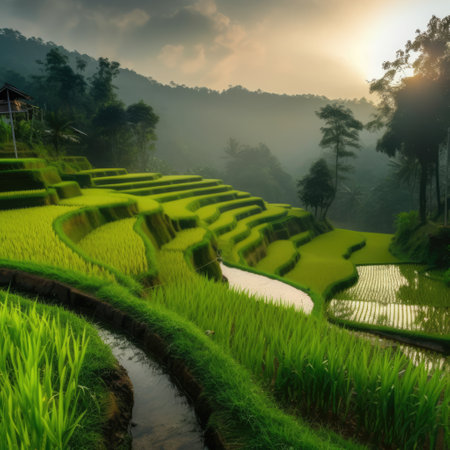 General view of rice fields, created using generative ai technology. Rice fields, farming and nature concept digitally generated image.の素材