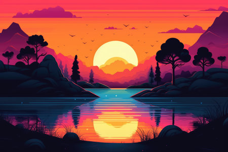 Sunset landscape with trees, mountains and lake created using generative ai technology. Landscape and nature concept digitally generated image.の素材