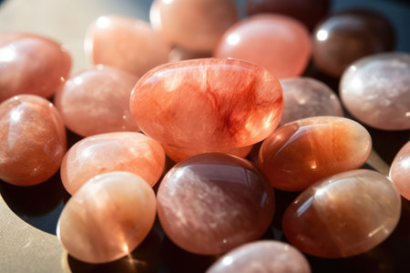 Close up of multiple pink and shiny gemstones created using generative ai technology. Nature, minerals and colours concept digitally generated image.の素材