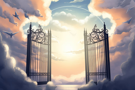 Gates of heaven with clouds and birds, created using generative ai technology. Heaven, sky and paradise concept digitally generated image.の素材