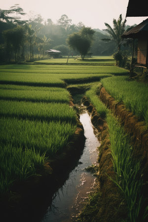 General view of rice field with farmhouses, created using generative ai technology. Rice field, farming and landscape concept digitally generated image.の素材