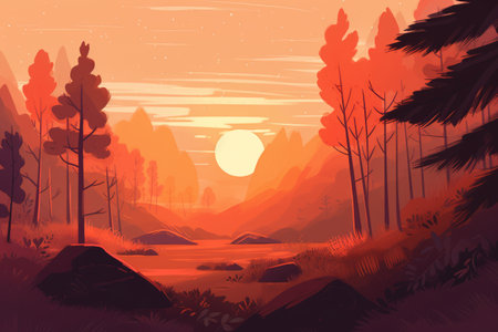 General view of landscape at sunset in pastel colours, created using generative ai technology. Colour and scenic background concept digitally generated image.の素材