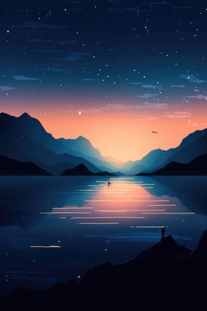 Sunset landscape with trees, mountains and lake created using generative ai technology. Landscape and nature concept digitally generated image.の素材