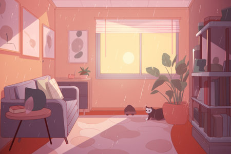 General view of living room in pastel colours, created using generative ai technology. Interior design and home decor concept digitally generated image.の素材