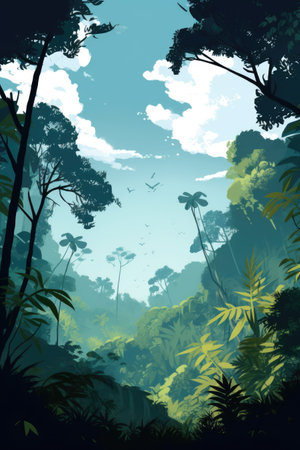 Rainforest with birds and tropical plants, created using generative ai technology. Rainforest, nature and scenery concept digitally generated image.の素材